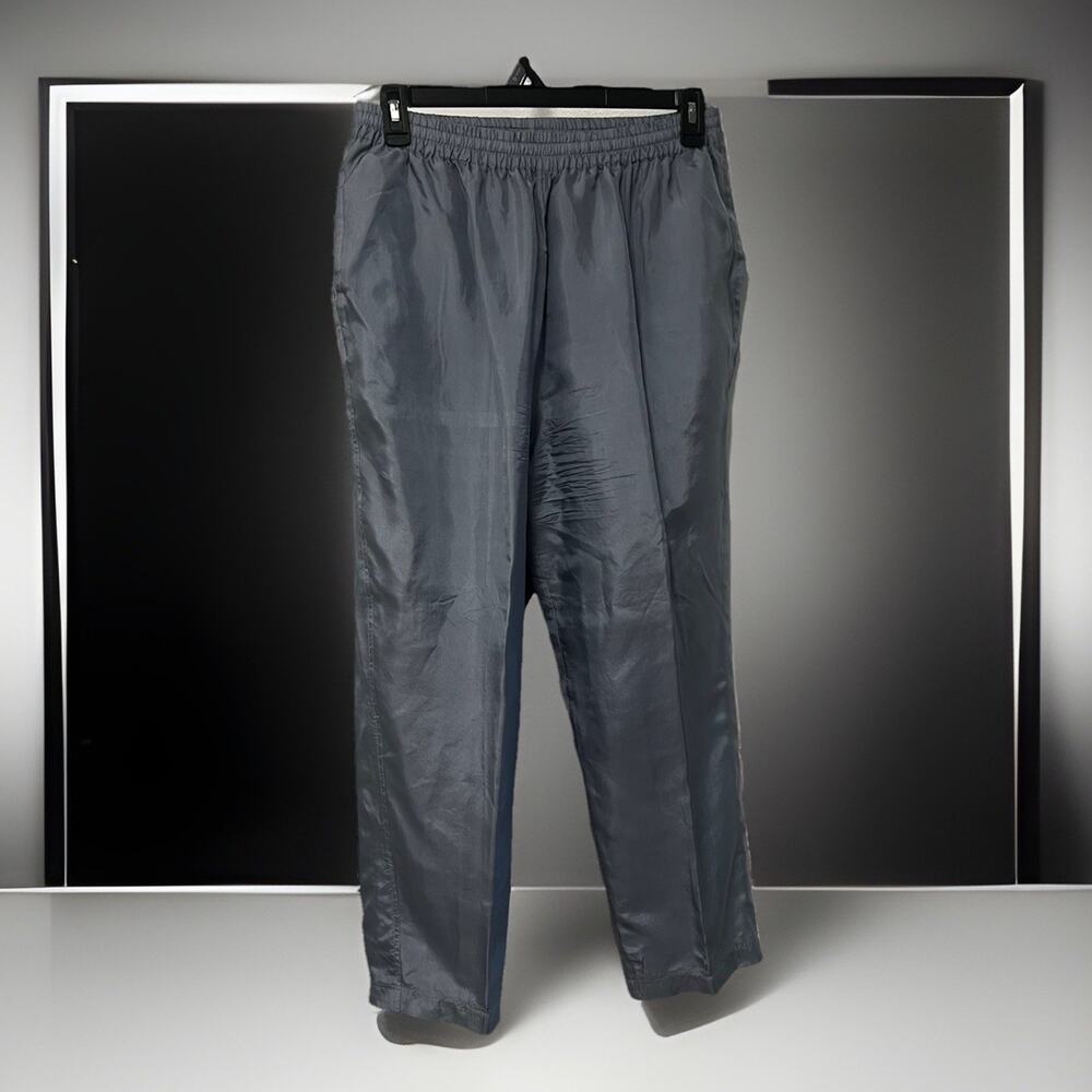 Vtg EVR Silk Pants Women XL Icy Blue Silver Elastic Waist Pull Ons Satin Finish